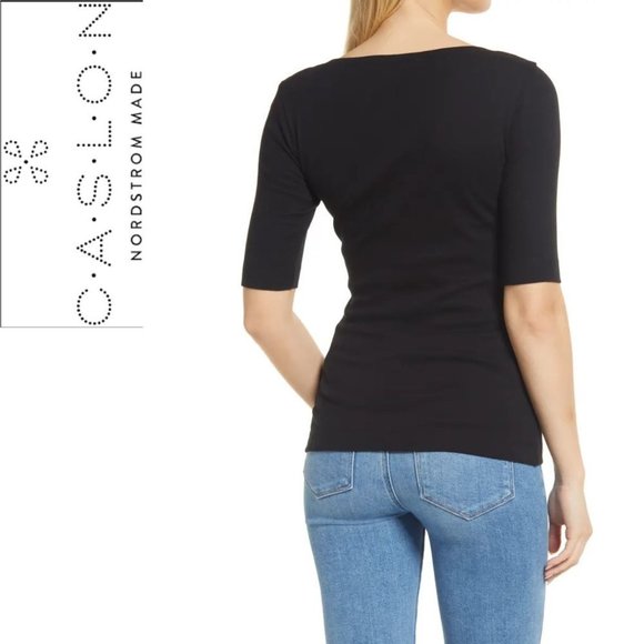 NEW Ballet Neck Cotton & Modal Knit Elbow Sleeve Tee CASLON® Black Small - Picture 2 of 7